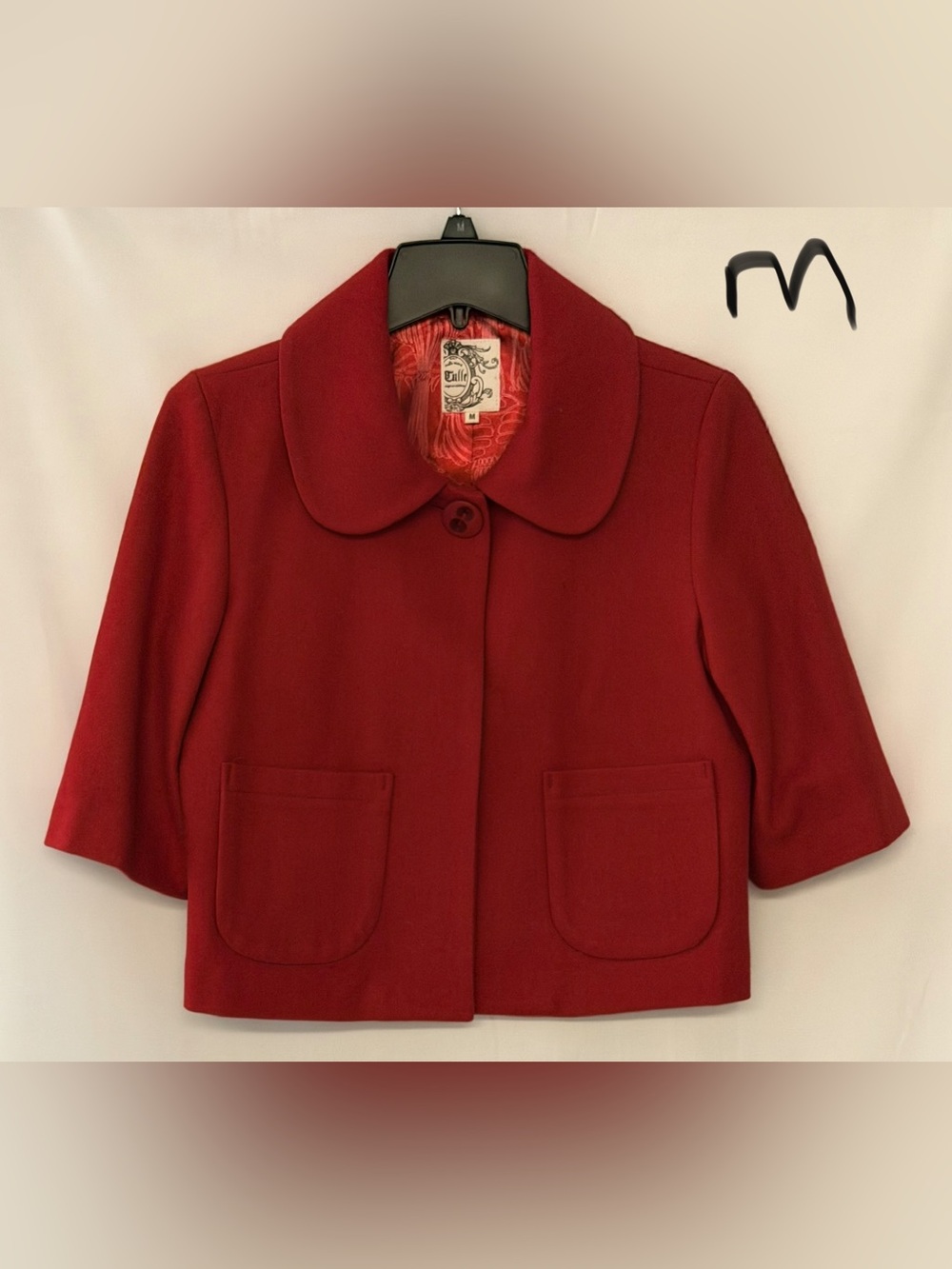 Tulle Women's Wool Deep Red Cropped Peacoat with Peter Pan Collar